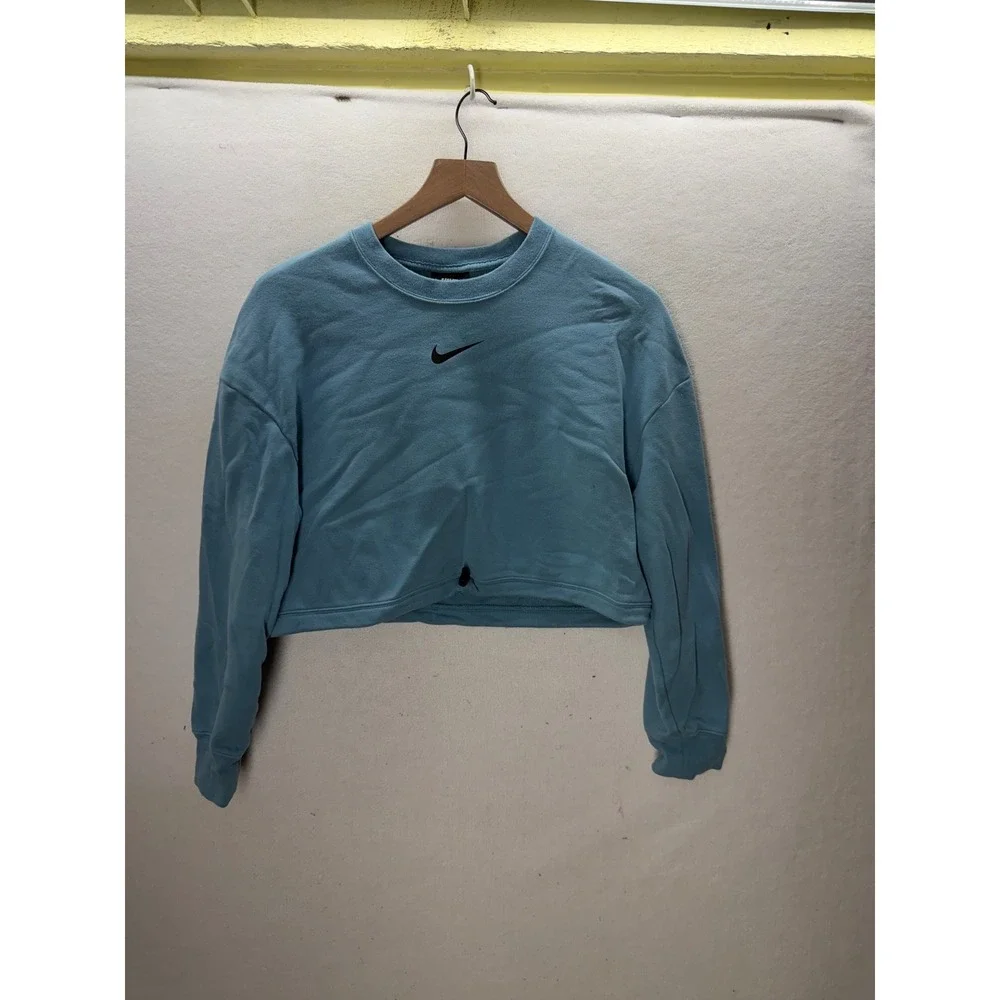 Nike Cropped Sweatshirt Women Medium Blue Swoosh Bungee Hem 3508